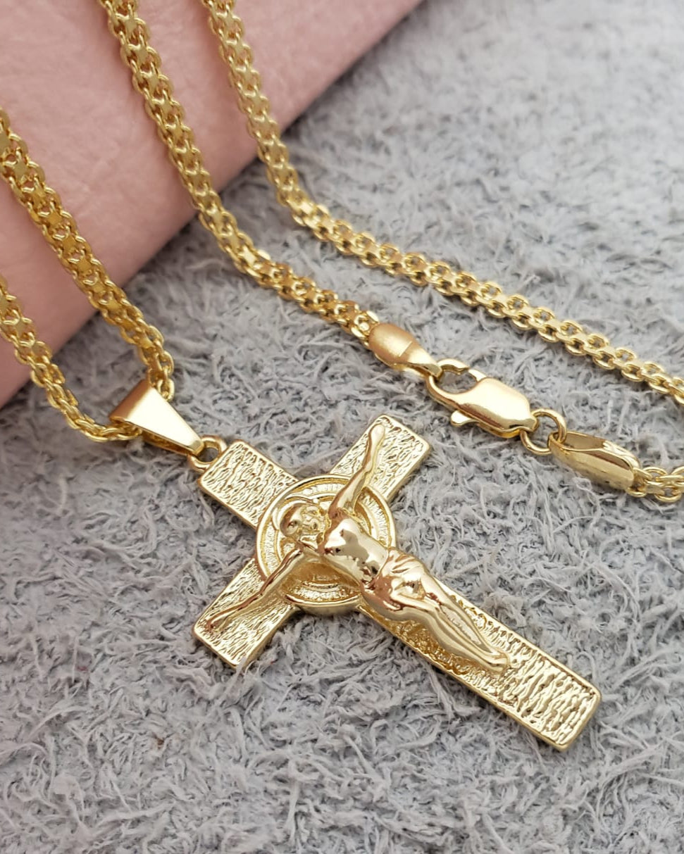 Cadena Tejido Chino ( 3 mm - 65 cm ) + Dije Cruz San Benito