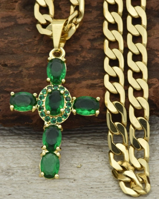 Cadena Cubana 60 Cm / 4 MM + DIJE CRUZ VERDE
