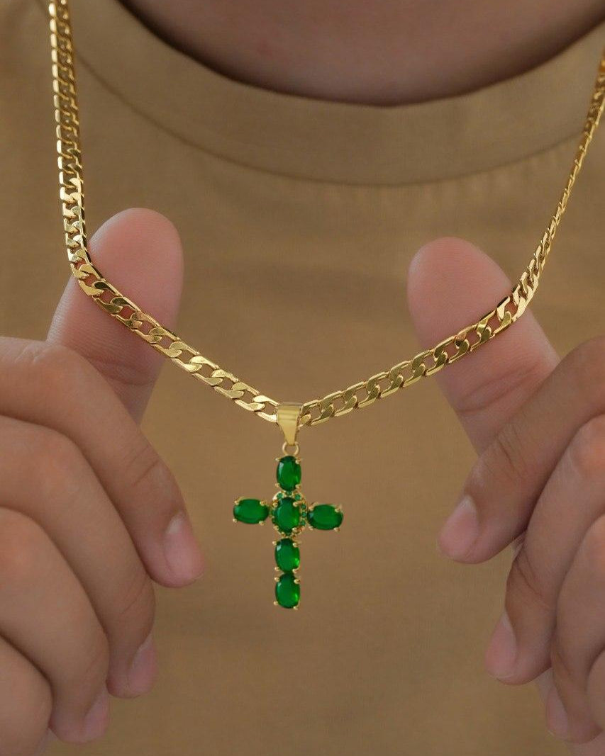 Cadena Cubana 60 Cm / 4 MM + DIJE CRUZ VERDE