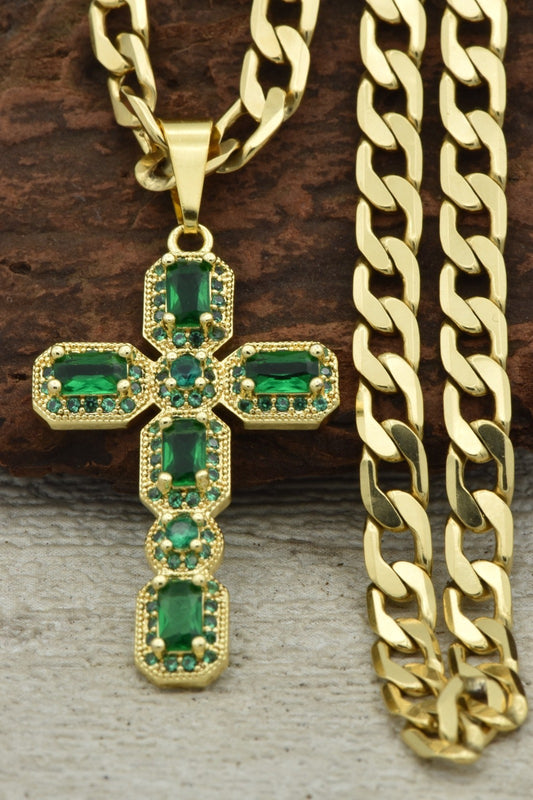 Cadena Cubana (60CM 4MM) + Dije Cristal Verde