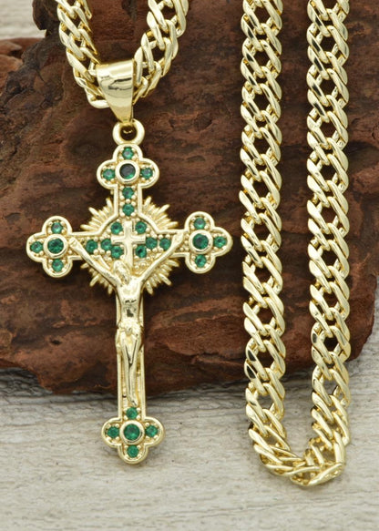 CADENA CRUZADA  (60CM 4MM) +  CRISTO VERDE  + PULSERA GRATIS