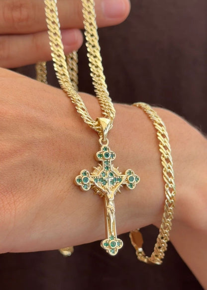 CADENA CRUZADA  (60CM 4MM) +  CRISTO VERDE  + PULSERA GRATIS